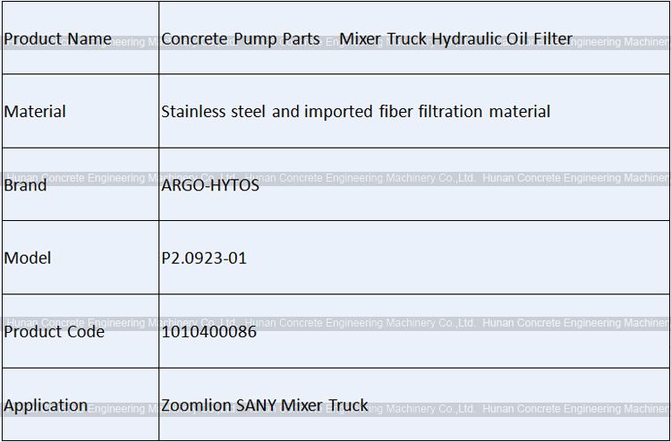 Mixer Truck Hydraulic Oil Filter Element ARGO-HYTOS P2.0923-01