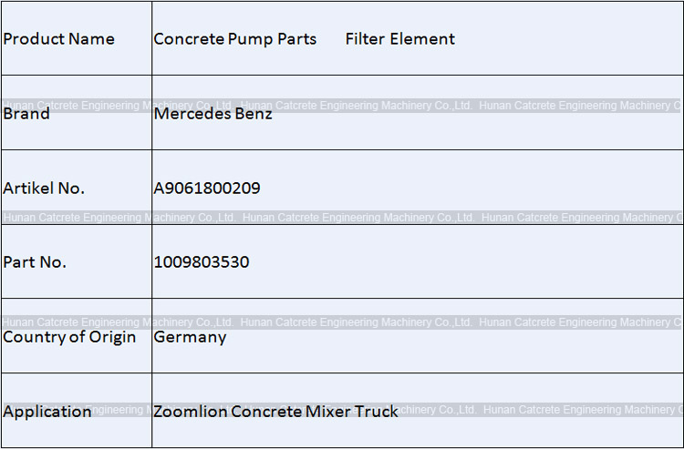 Zoomlion Concrete Mixer Truck Parts Mercedes Benz MTU Filter Element 1009803530 A9061800209 Zoomlion Concrete Mixer Truck Parts Mercedes Benz MTU Filter Element 1009803530 A9061800209