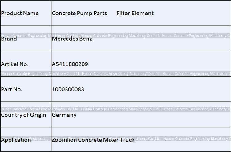 Zoomlion Concrete Mixer Truck Parts Mercedes Benz MTU Filter Element 1000300083 A5411800209