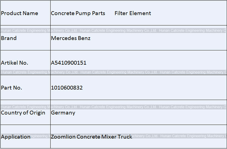 Zoomlion Concrete Mixer Truck Parts Mercedes Benz MTU Filter Element 1000400054 A5410900151